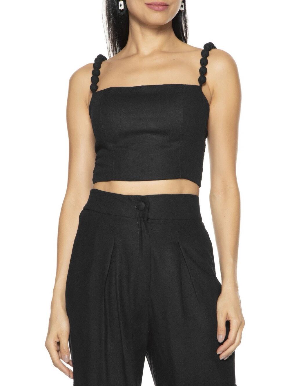 ViX Paula Hermanny Valleta Top in Black Linen Crop Top Small